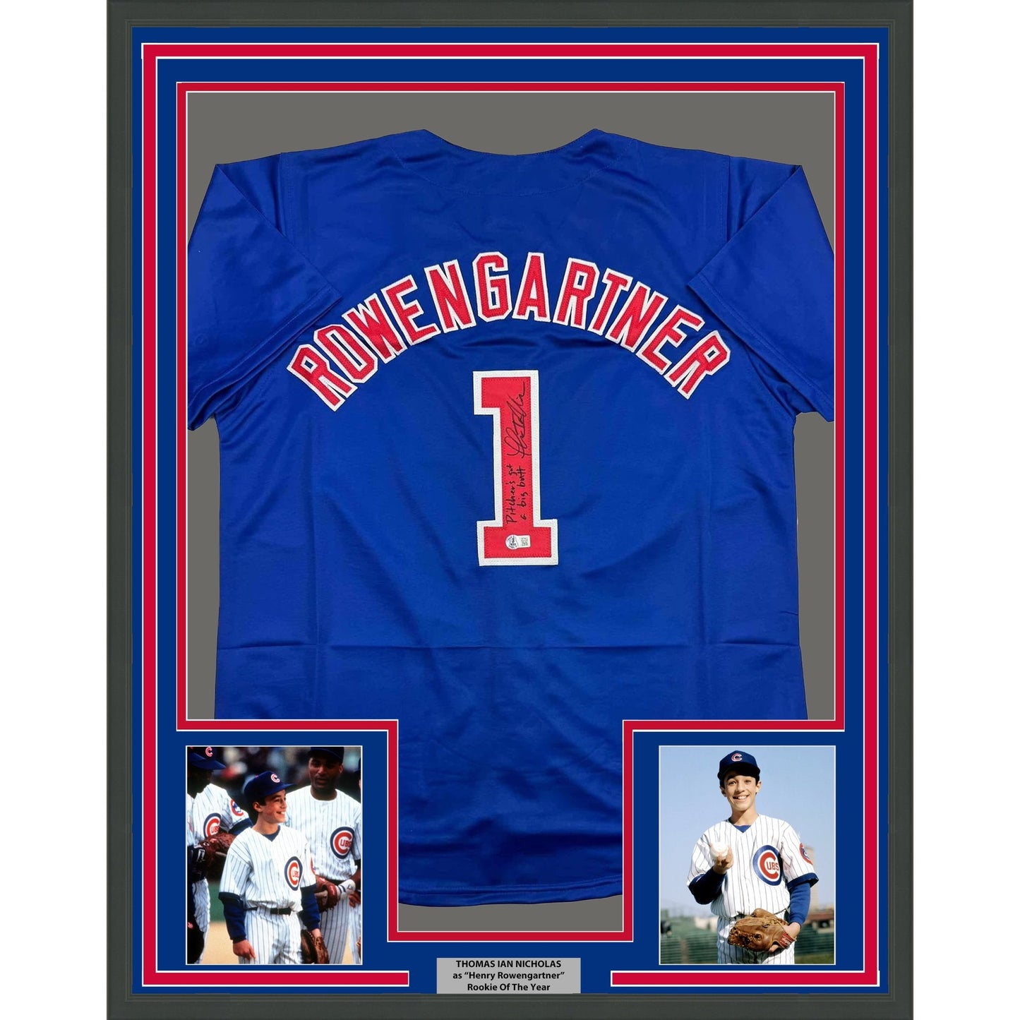 Framed Autographed/Signed Thomas Ian Nicholas Henry Rowengartner 35x39 Rookie Of The Year Chicago Blue Baseball Jersey Beckett BAS COA