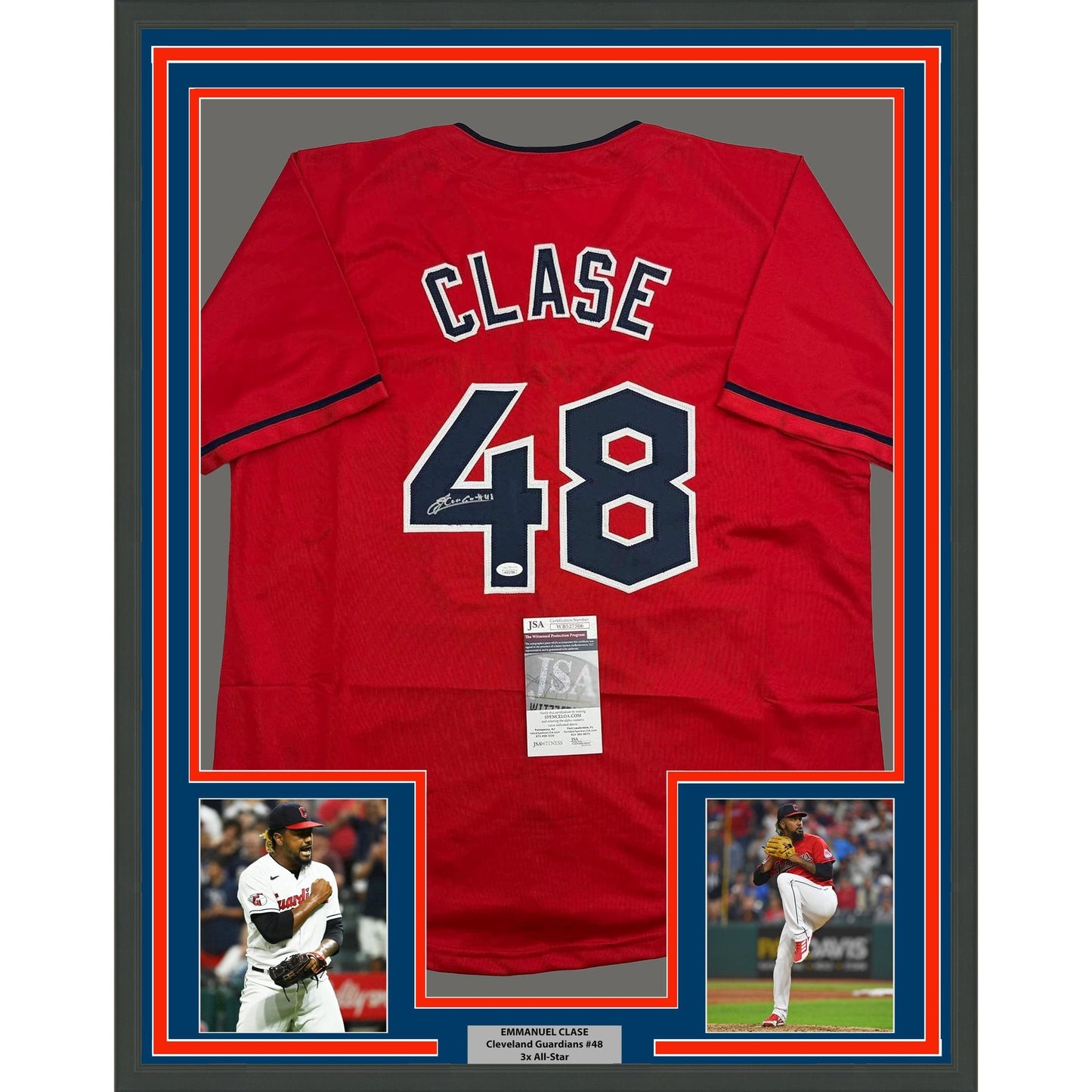 Framed Autographed/Signed Emmanuel Clase 35x39 Cleveland Red Baseball Jersey JSA COA
