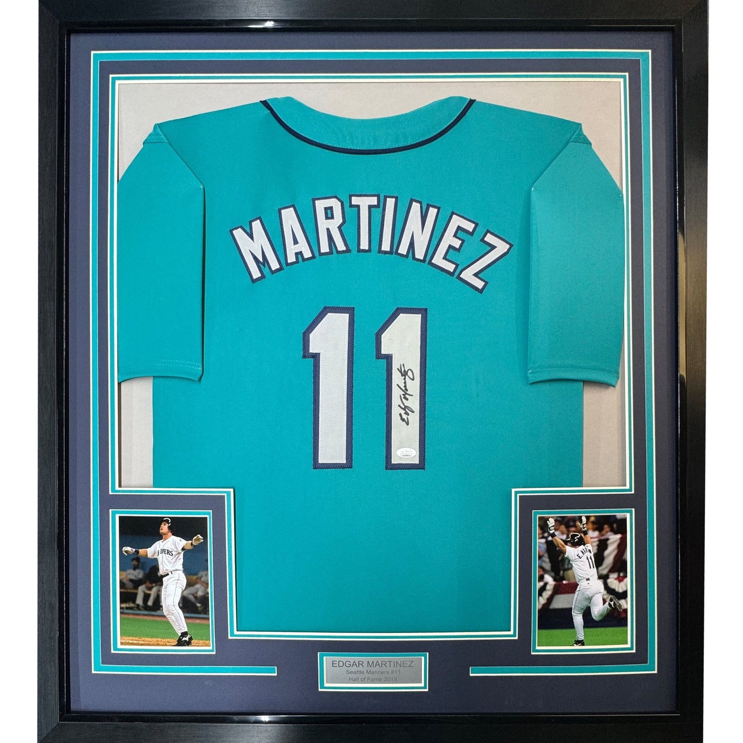 Framed Autographed/Signed Edgar Martinez 35x39 Seattle Teal Baseball Jersey JSA COA