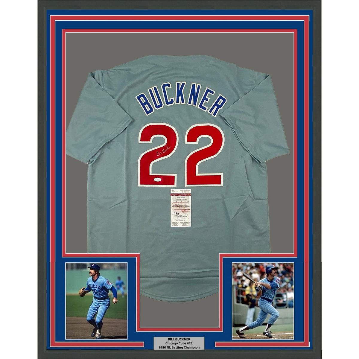 Framed Autographed/Signed Bill Buckner 35x39 Chicago Grey Baseball Jersey JSA COA