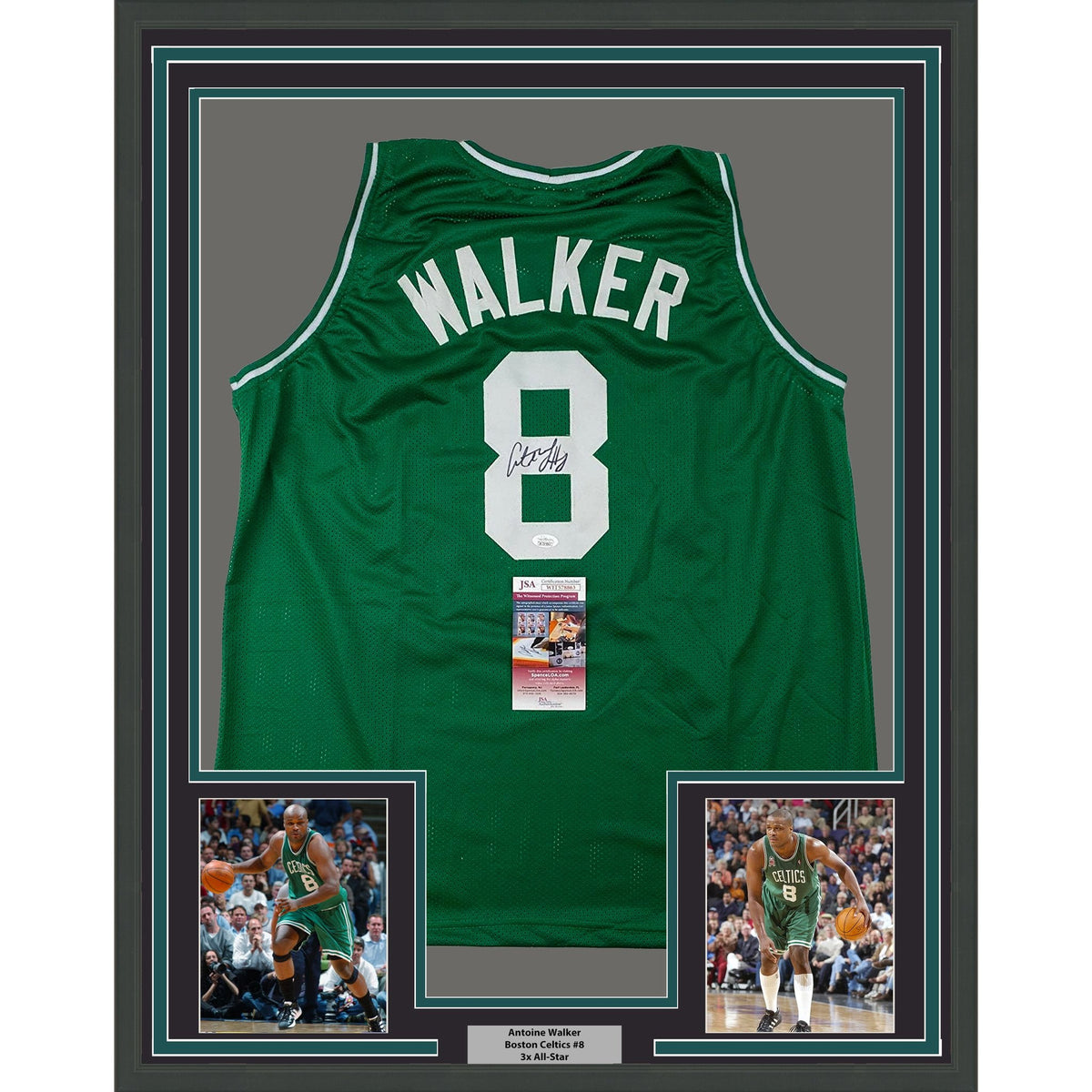 Framed Autographed/Signed Antoine Walker 35x39 Boston Green Basketball Jersey JSA COA