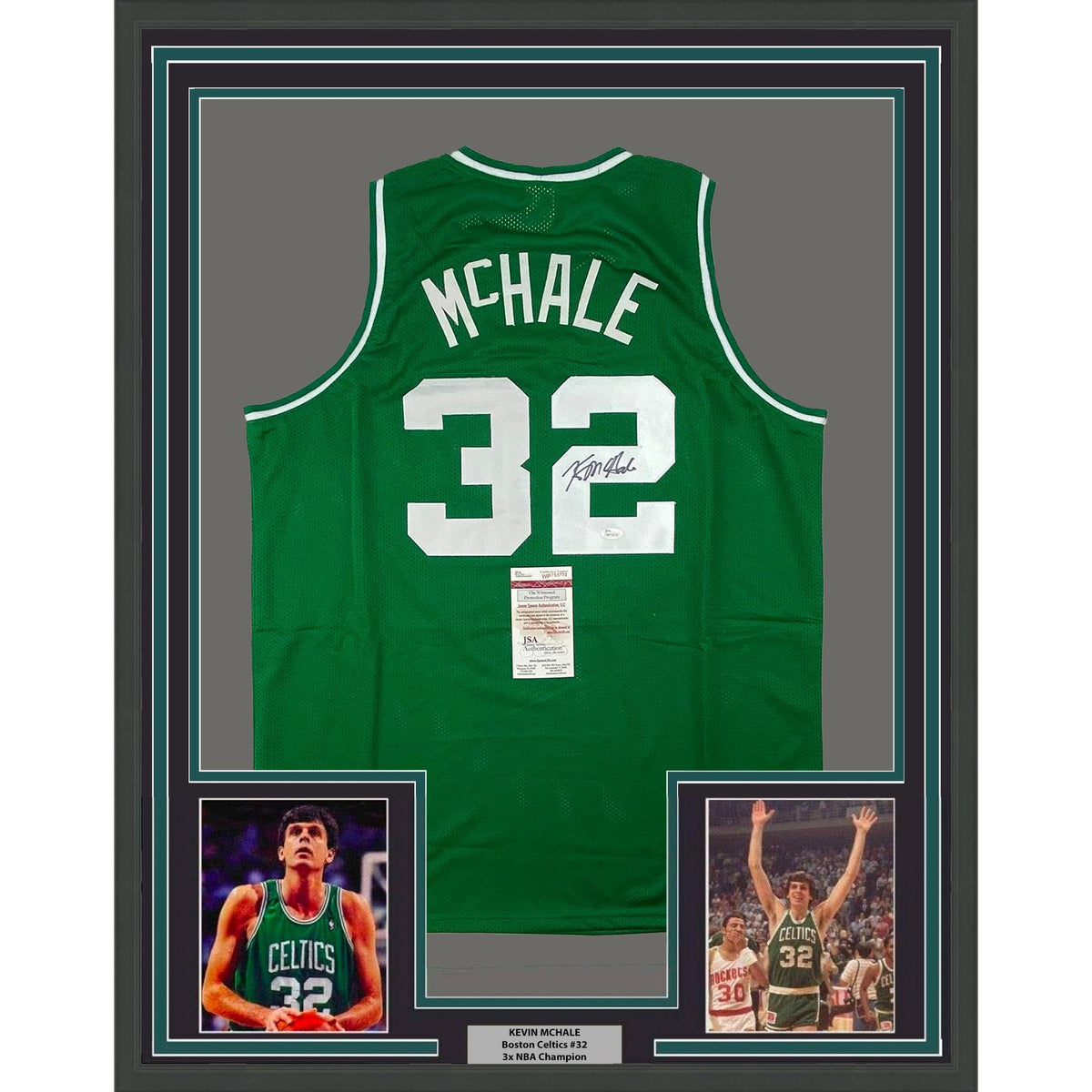 Framed Autographed/Signed Kevin McHale 35x39 Boston Green Basketball Jersey JSA COA