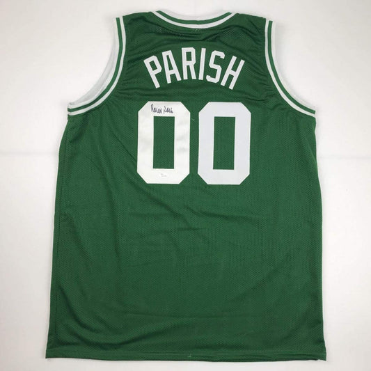 Autographed/Signed Robert Parish Boston Green Basketball Jersey JSA COA