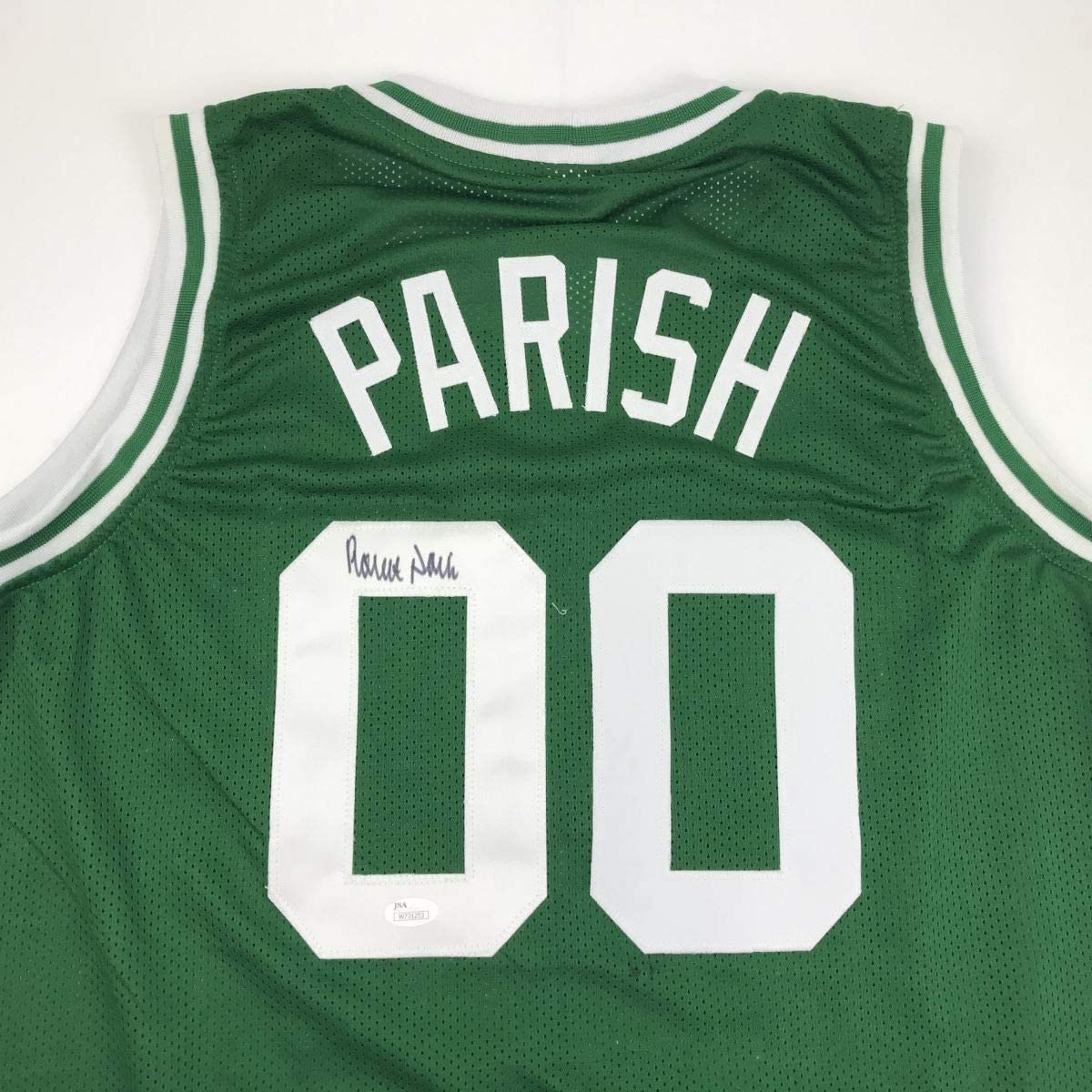 Autographed/Signed Robert Parish Boston Green Basketball Jersey JSA COA