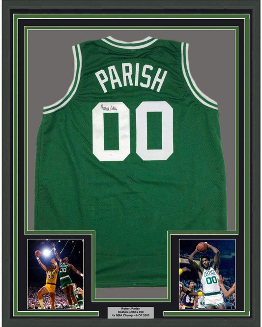 Framed Autographed/Signed Robert Parish 35x39 Boston Green Basketball Jersey JSA COA