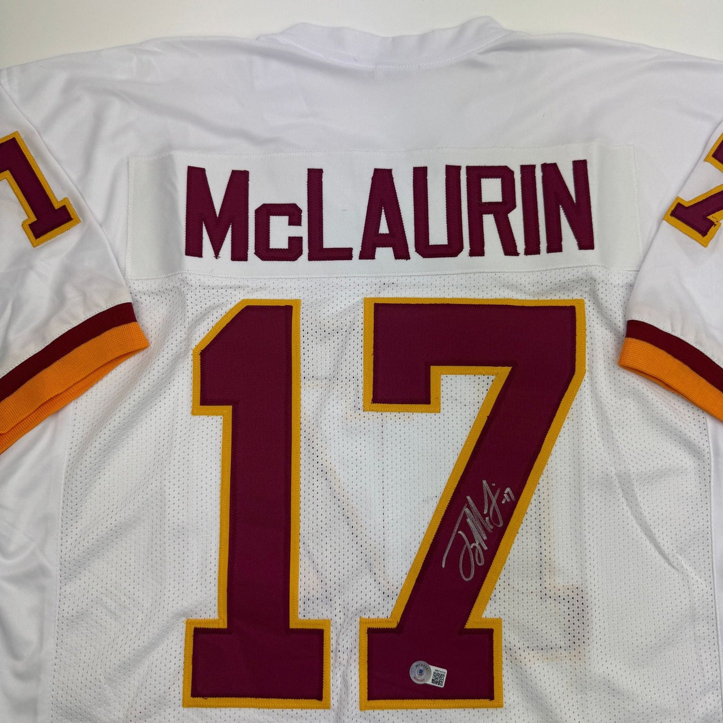 Autographed/Signed Terry McLaurin Washington White Retro Football Jersey Beckett BAS COA