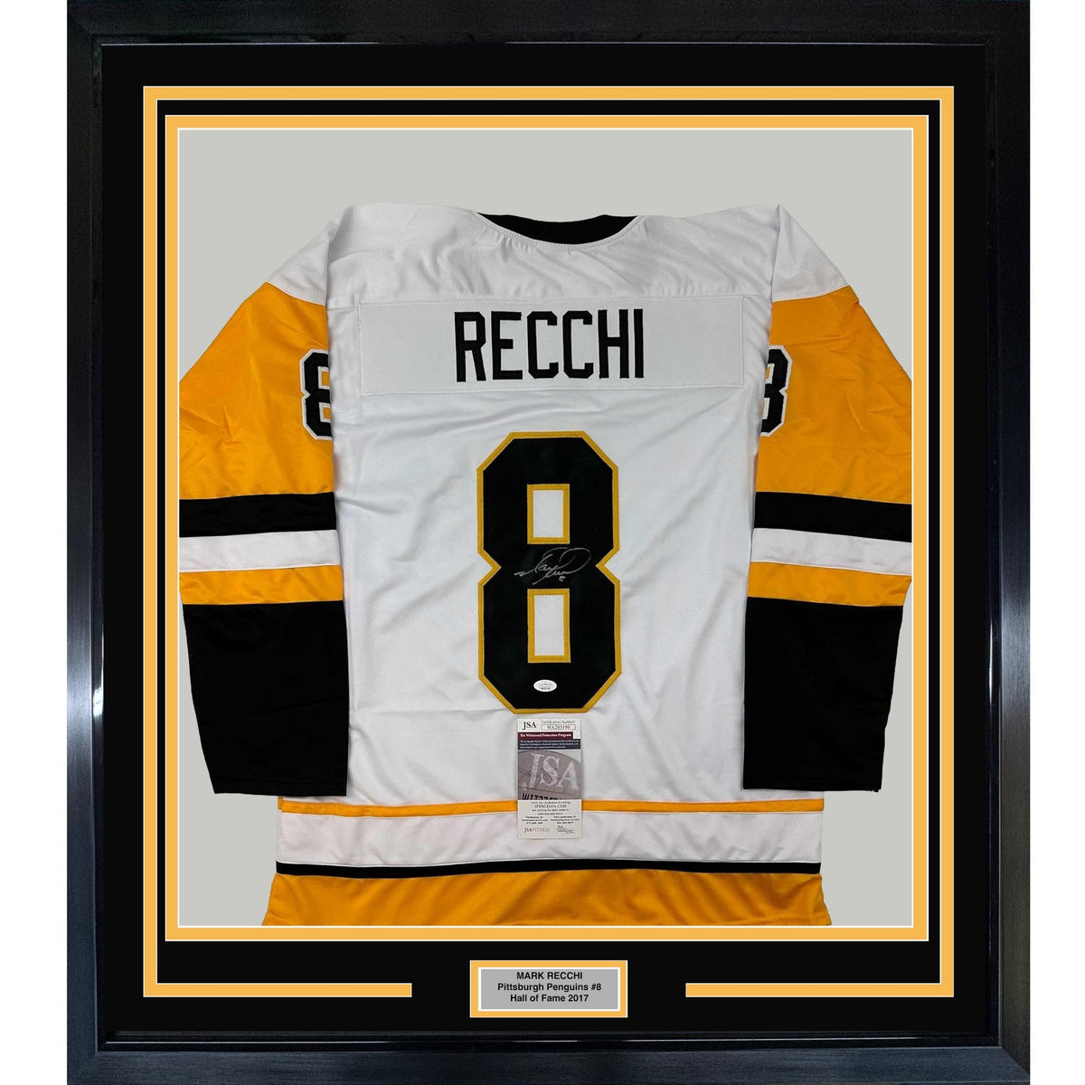Framed Autographed/Signed Mark Recchi 35x39 Pittsburgh White Hockey Jersey JSA COA