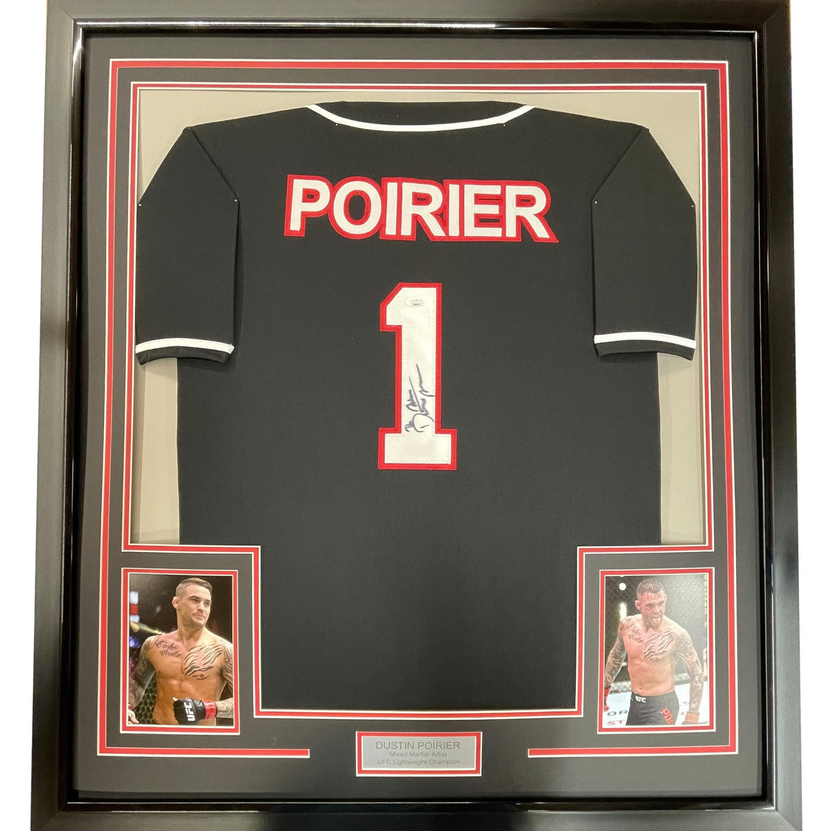Framed Autographed/Signed Dustin Poirier 35x39 UFC MMA Black Ultimate Fighting Jersey Shirt PSA/DNA COA