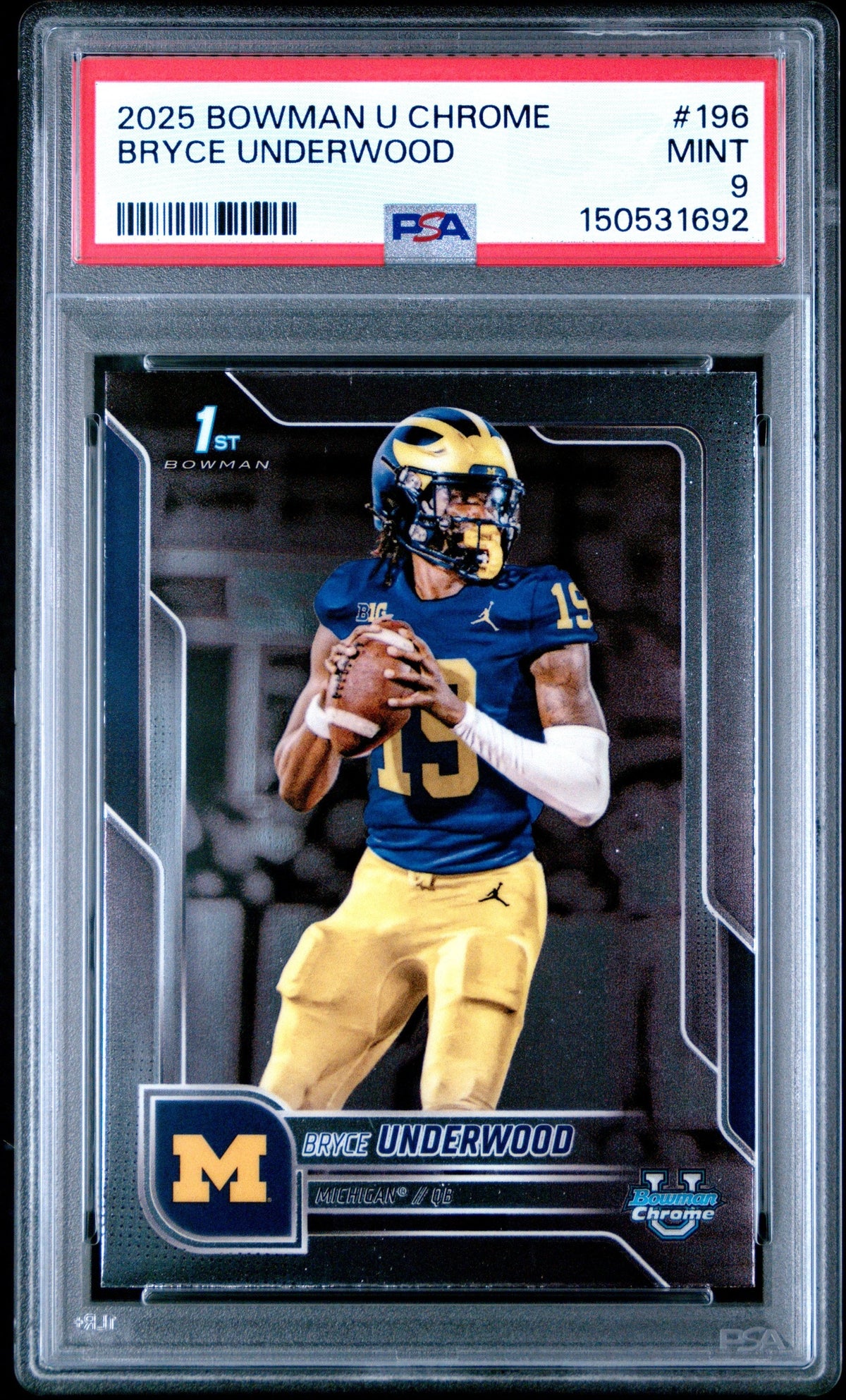 Graded 2025 Topps Bowman University Chrome Bryce Underwood #196 Rookie RC Football Card PSA 9 Mint