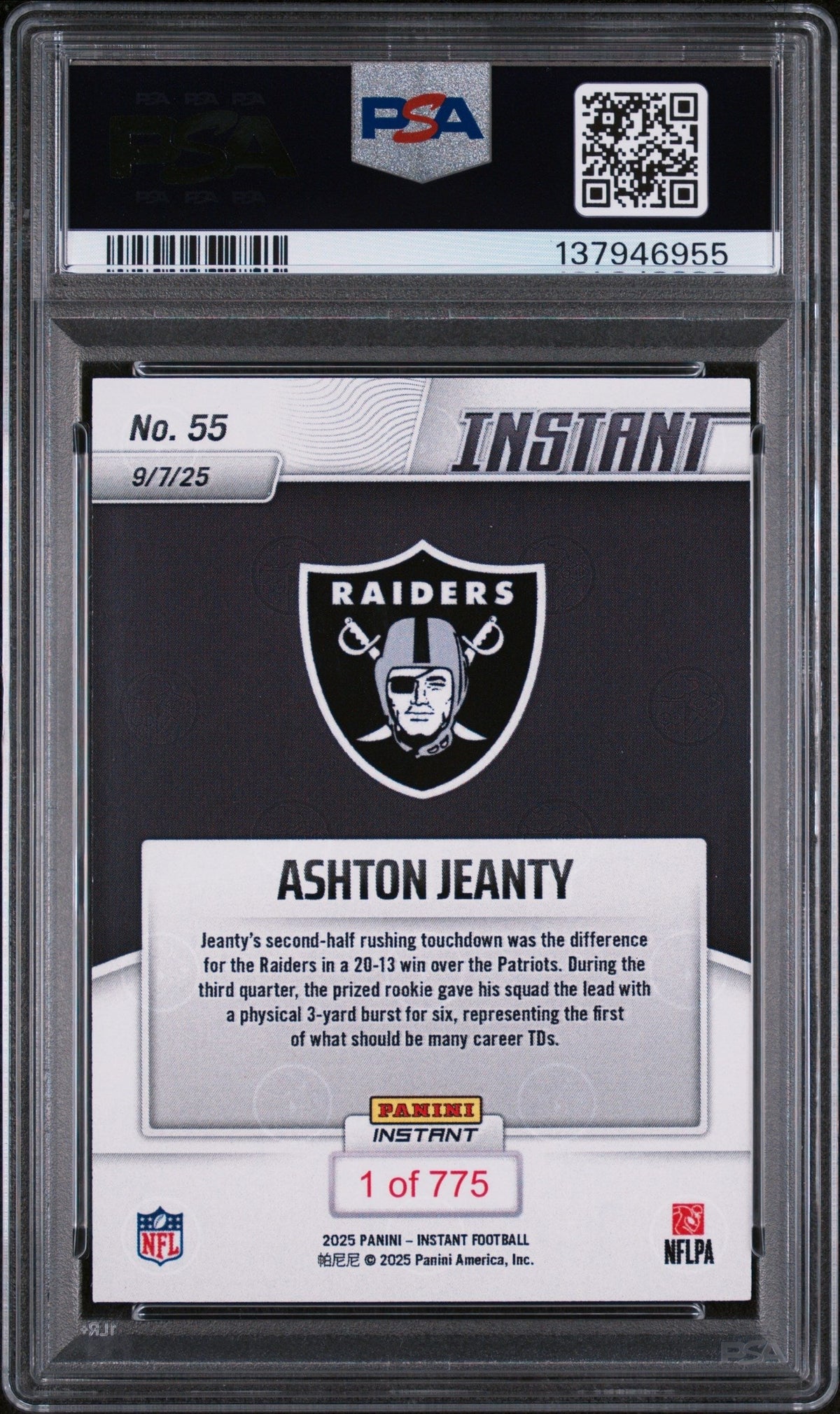 Graded 2025 Panini Instant Ashton Jeanty #55 Rookie RC Football Card PSA 10 Gem Mint