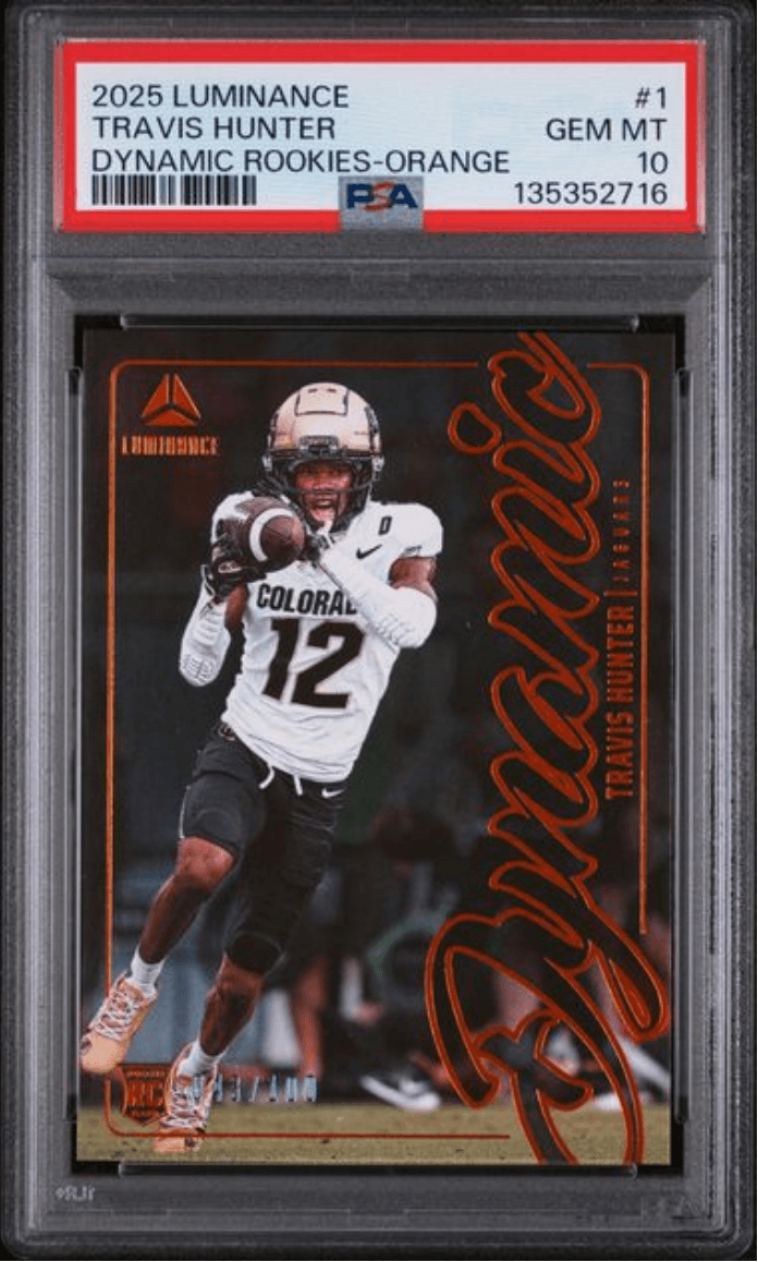 Graded 2025 Panini Luminance Travis Hunter #1 Dynamic Rookies Orange /100 Rookie RC Football Card PSA 10 Gem Mint