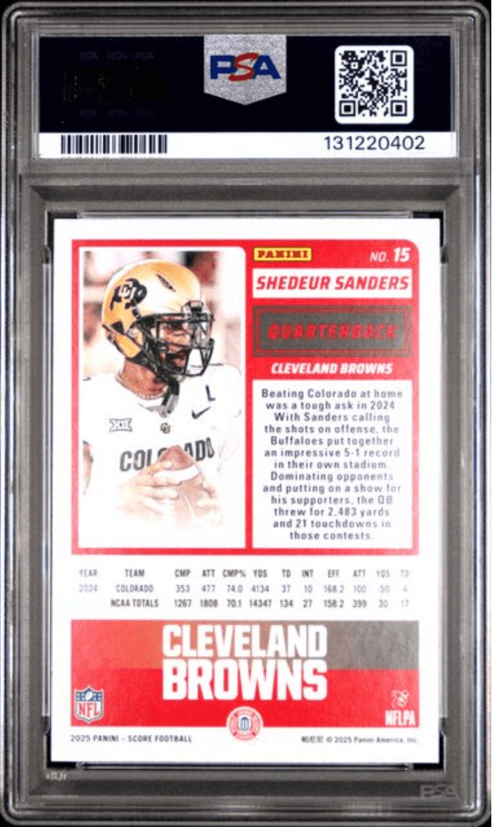 Graded 2025 Panini Score Shedeur Sanders #15 Rookie RC Football Card PSA 10 Gem Mint