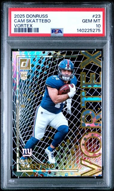 Graded 2025 Panini Donruss Cam Skattebo #23 Vortex Rookie RC Football Card PSA 10 Gem Mint