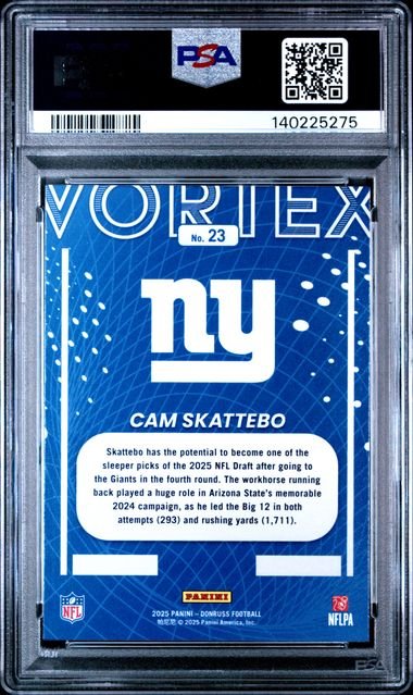 Graded 2025 Panini Donruss Cam Skattebo #23 Vortex Rookie RC Football Card PSA 10 Gem Mint