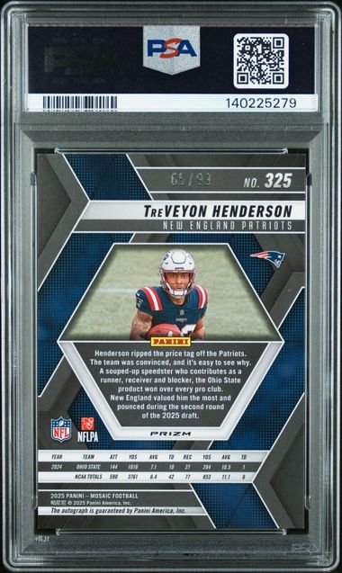 Graded 2025 Panini Mosaic TreVeyon Henderson #325 /99 Blue Autograph Rookie RC Football Card PSA 10 Gem Mint