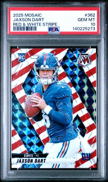 Graded 2025 Panini Mosaic Jaxson Dart #362 Red & White Stripe Rookie RC Football Card PSA 10 Gem Mint