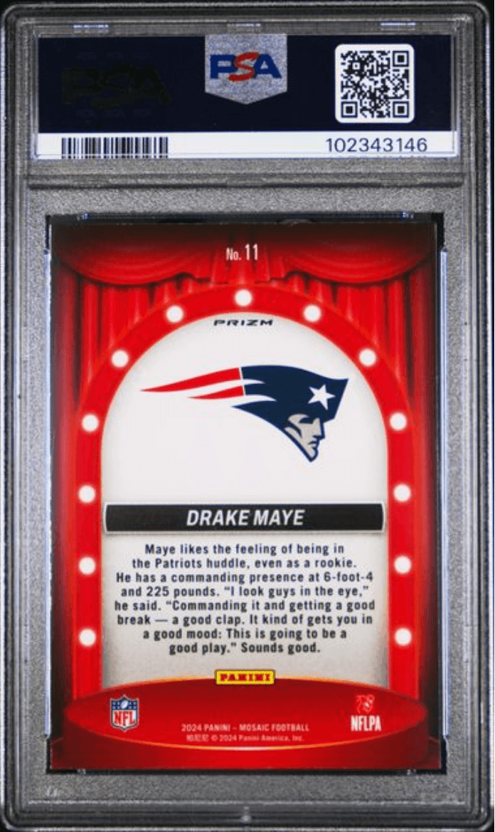 Graded 2024 Panini Mosaic Drake Maye #11 Center Stage Silver Rookie RC Football Card PSA 10 Gem Mint