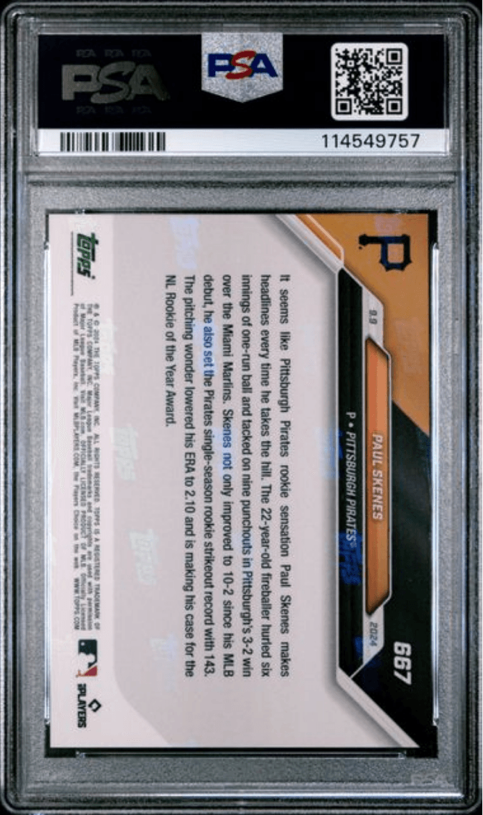 Graded 2024 Topps Now Paul Skenes #667 Sets Pirates Single Season Rookie Ks Record Rookie RC Baseball Card PSA 10 Gem Mint