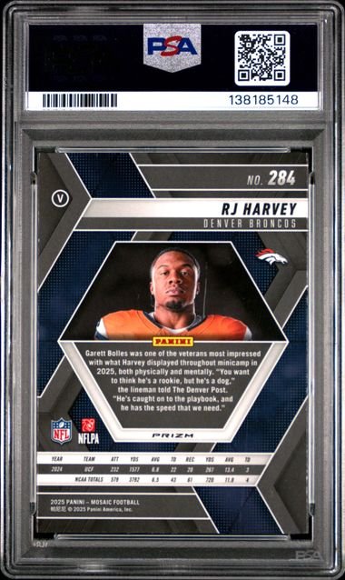 Graded 2025 Panini Mosaic RJ Harvey #284 Mosaic Variation Rookie RC Football Card PSA 10 Gem Mint