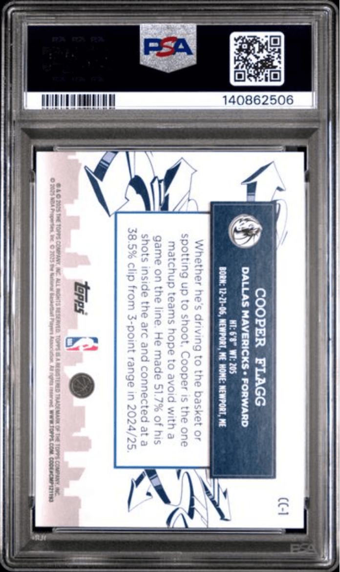 Graded 2025 Topps Cooper Flagg #CC1 Clutch City Prospects Rookie RC Basketball Card PSA 9 Mint