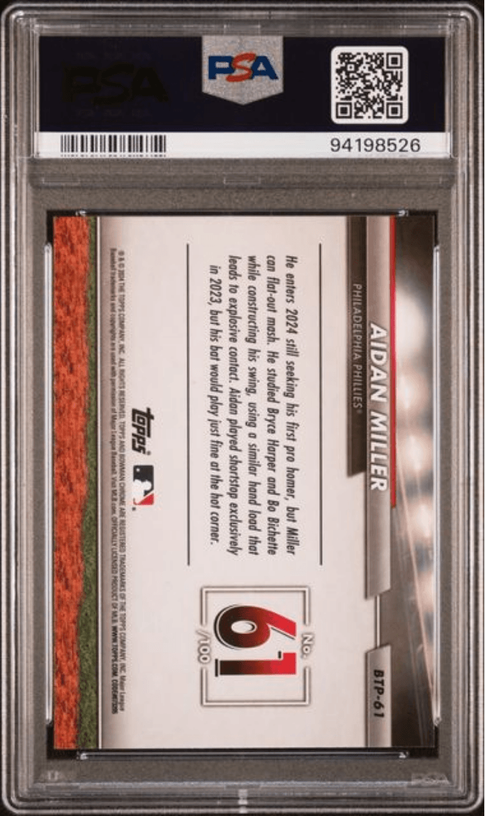 Graded 2024 Topps Bowman Aidan Miller #BTP61 Scouts Top 100 Rookie RC Baseball Card PSA 10 Gem Mint