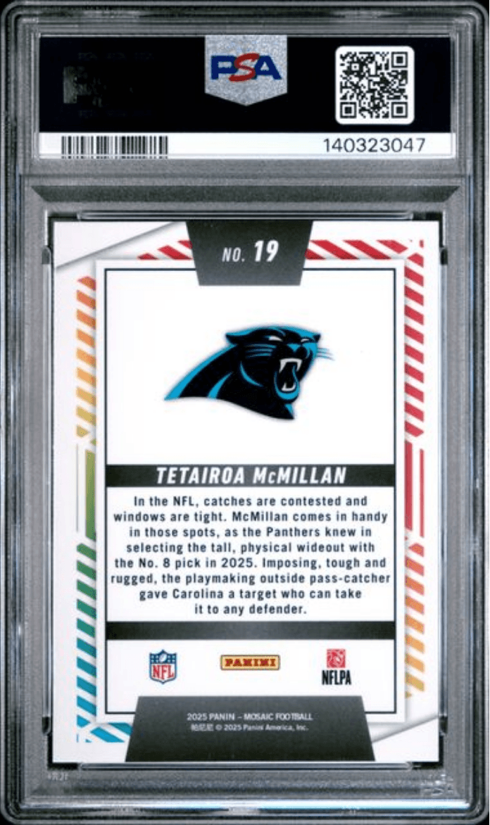 Graded 2025 Panini Mosaic Tetairoa McMillan #19 Men of Mastery Rookie RC Football Card PSA 10 Gem Mint