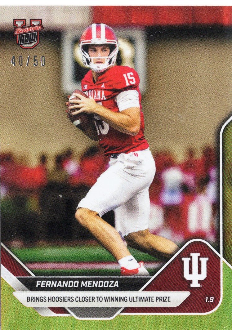 2025 Topps Bowman U Now Fernando Mendoza #66 Gold Foil /50 Indiana Hoosiers Rookie RC Football Card