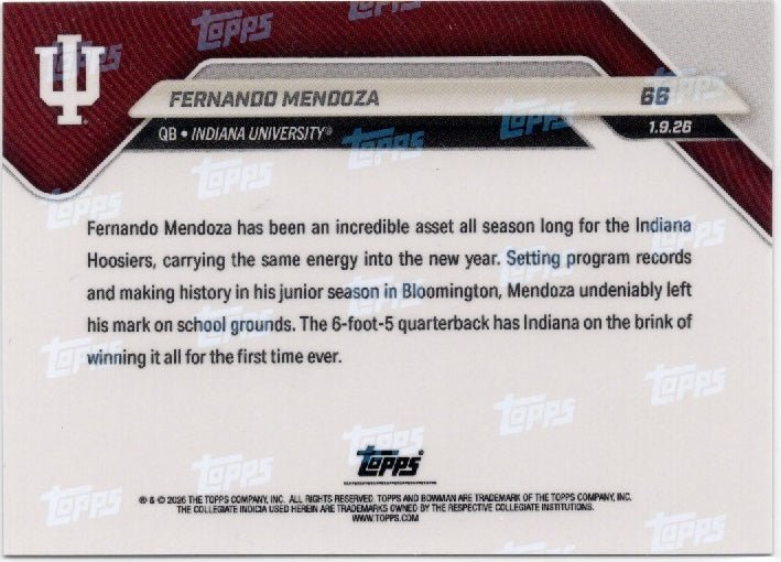 2025 Topps Bowman U Now Fernando Mendoza #66 Gold Foil /50 Indiana Hoosiers Rookie RC Football Card