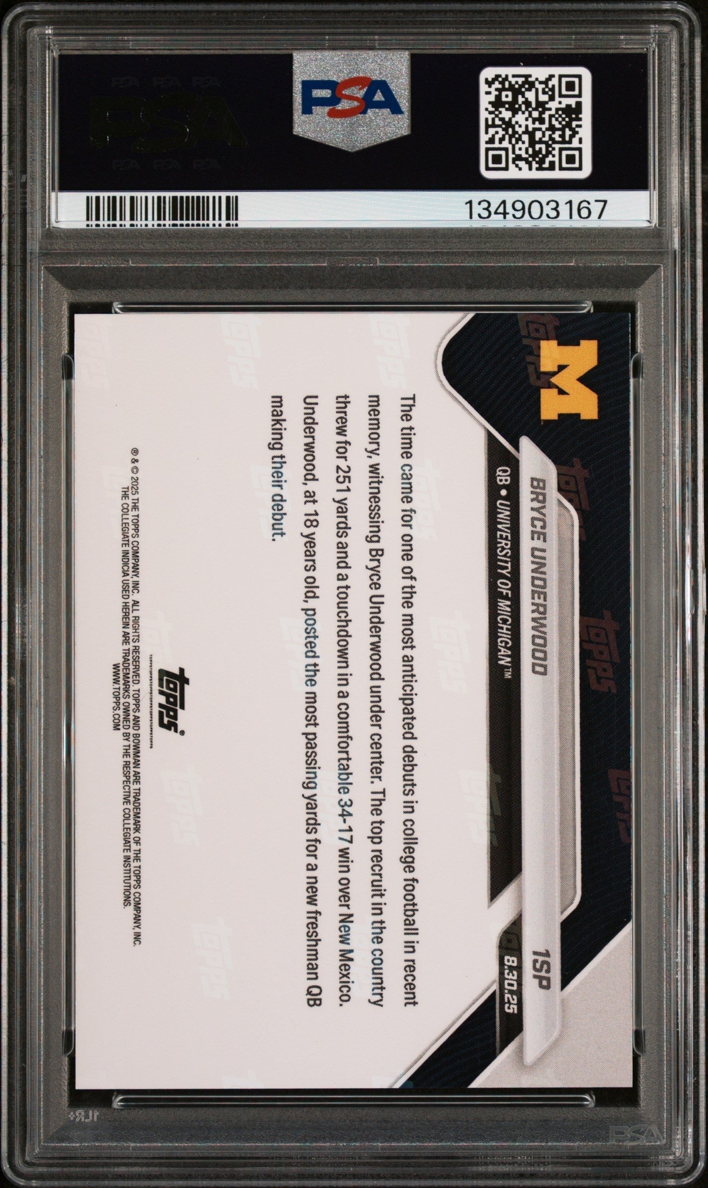 Graded 2025 Topps Bowman U Now Bryce Underwood #1SP Rookie RC Football Card PSA 9 Mint