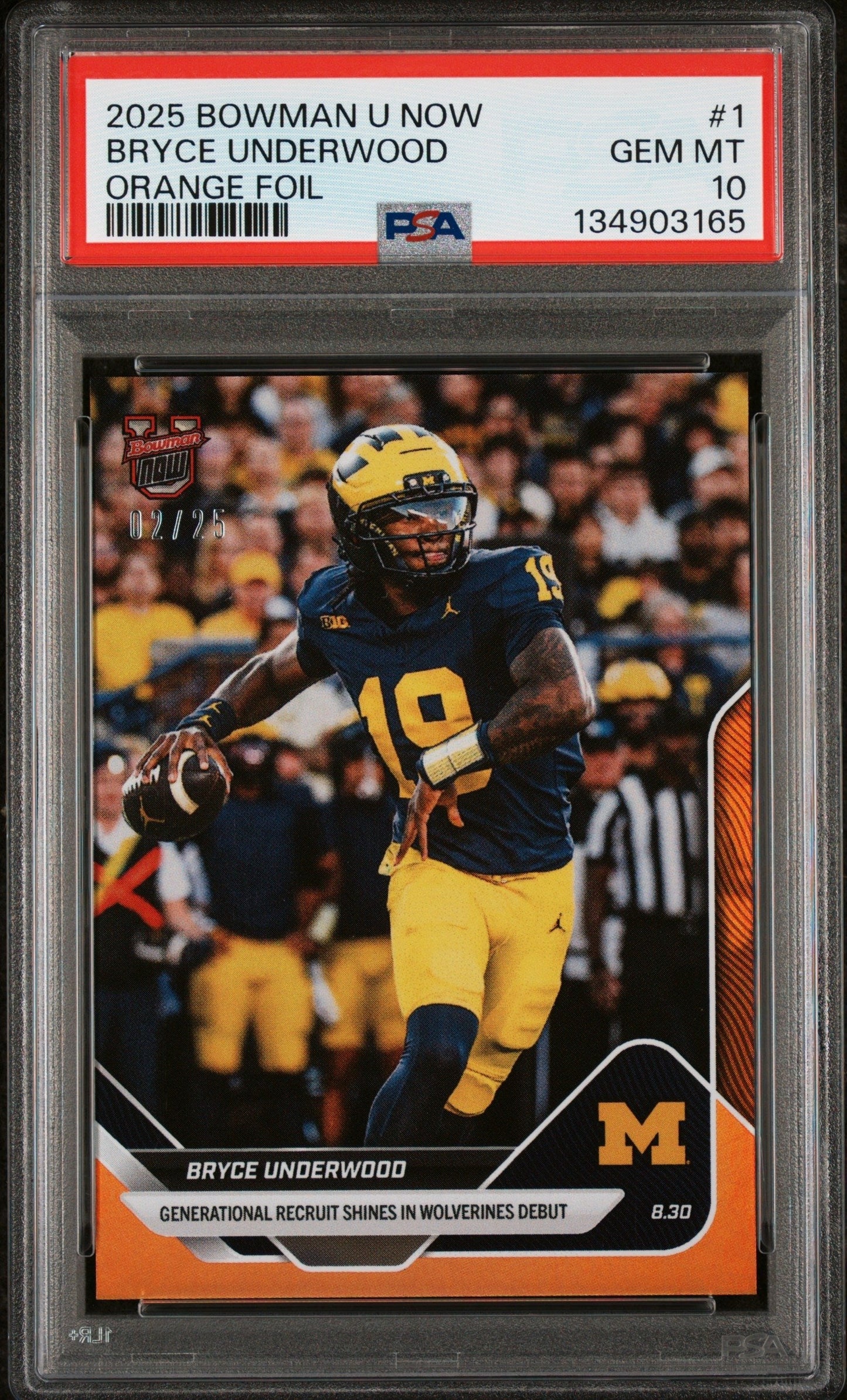 Graded 2025 Topps Bowman U Now Bryce Underwood #1 Orange Foil /25 Rookie RC Football Card PSA 10 Gem Mint