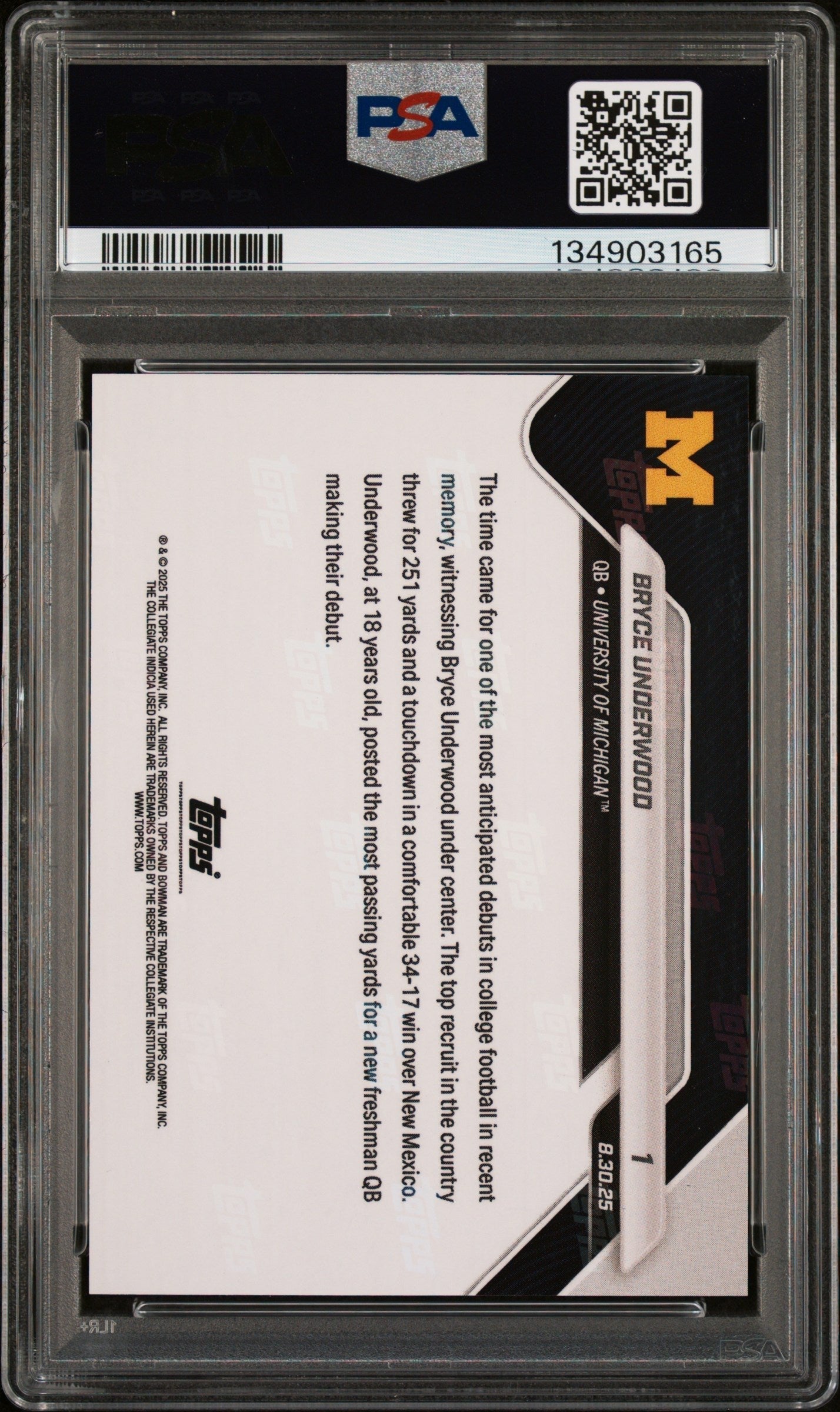Graded 2025 Topps Bowman U Now Bryce Underwood #1 Orange Foil /25 Rookie RC Football Card PSA 10 Gem Mint