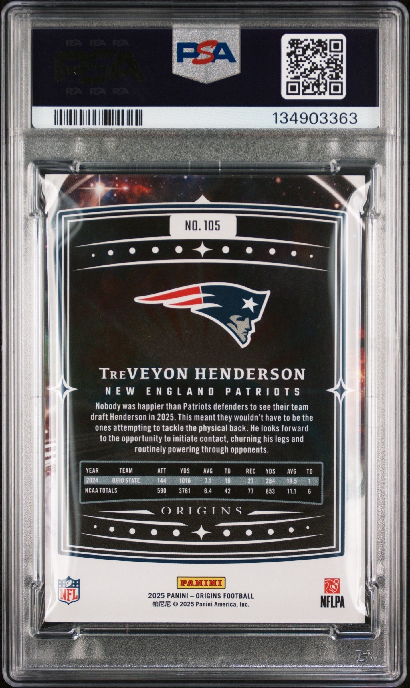 Graded 2025 Panini Origins TreVeyon Henderson #105 Rookie RC Football Card PSA 10 Gem Mint