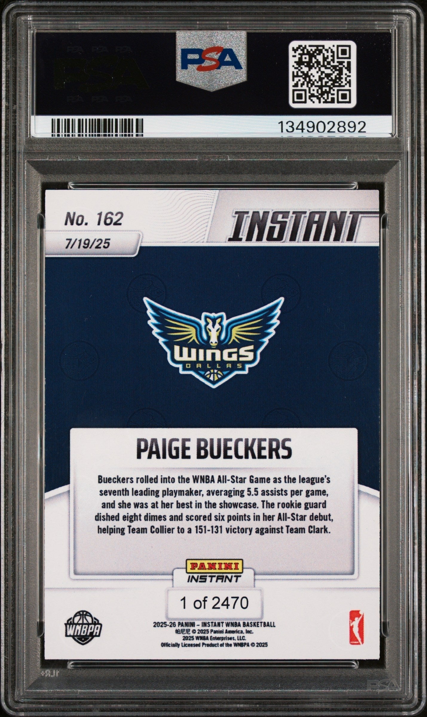 Graded 2025 Panini Instant Paige Bueckers #162 Rookie RC Basketball Card PSA 10 Gem Mint