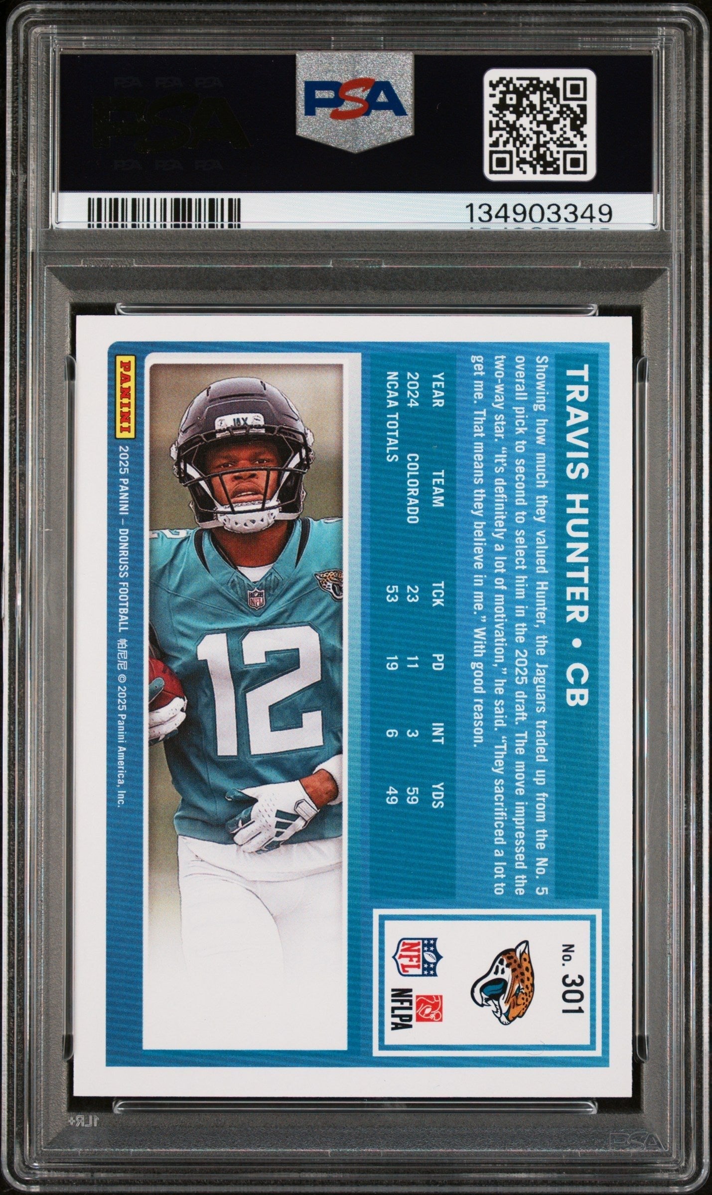 Graded 2025 Panini Donruss Travis Hunter #301 Rookie RC Football Card PSA 9 Mint