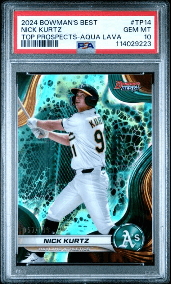 Graded 2024 Topps Bowmans Best Nick Kurtz #TP14 Top Prospects Aqua Lava /199 Rookie RC Baseball Card PSA 10 Gem Mint