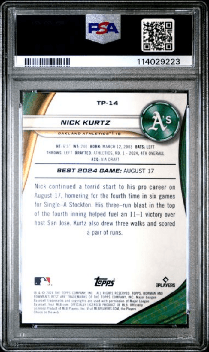 Graded 2024 Topps Bowmans Best Nick Kurtz #TP14 Top Prospects Aqua Lava /199 Rookie RC Baseball Card PSA 10 Gem Mint