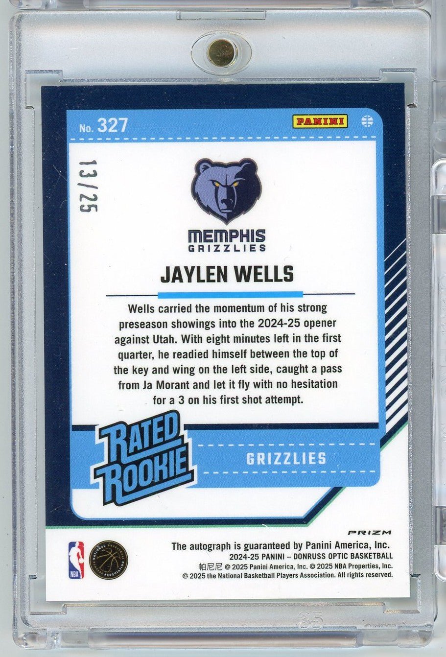 2024 Donruss Optic Jaylen Wells #327 /25 Green Scope Auto Rookie RC Basketball Card