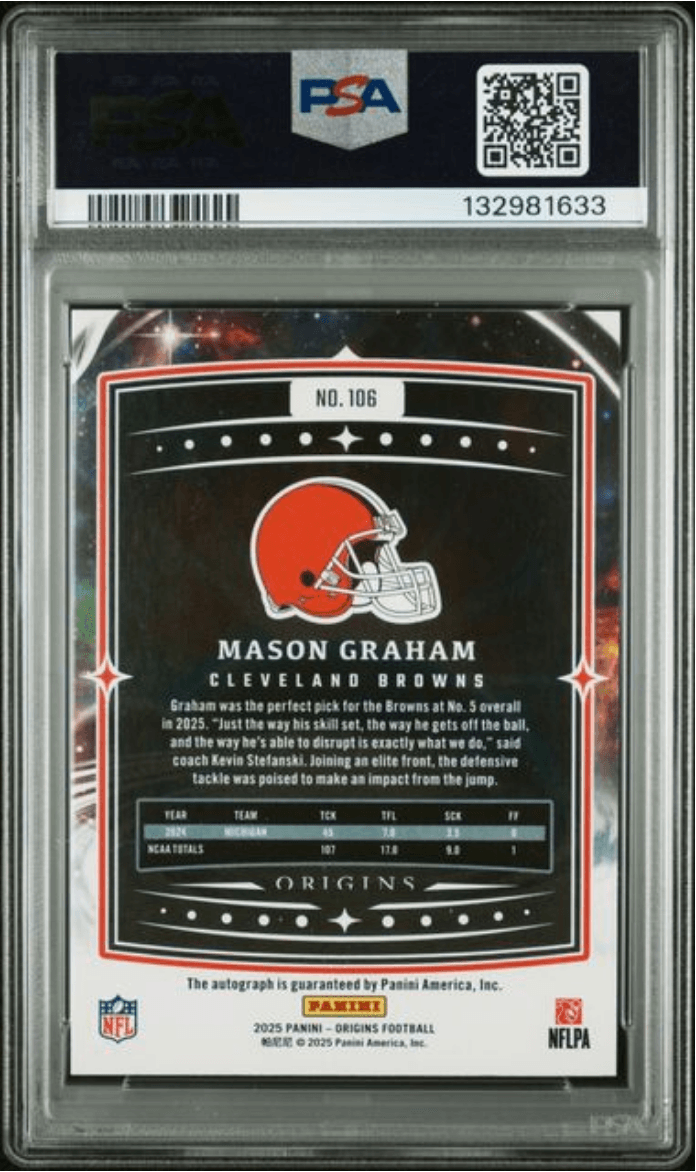 Graded 2025 Panini Origins Mason Graham #106 Signature /99 Rookie RC Football Card PSA 10 Gem Mint