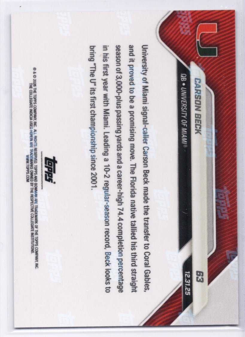 2025 Topps Bowman U Now Carson Beck #63 Orange Foil /25 Miami Hurricanes Rookie RC Football Card