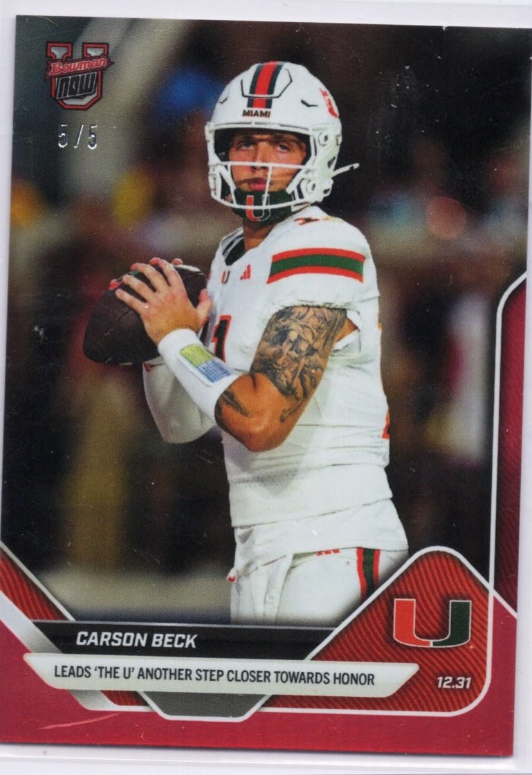 2025 Topps Bowman U Now Carson Beck #63 Red Foil /5 Miami Hurricanes Rookie RC Football Card