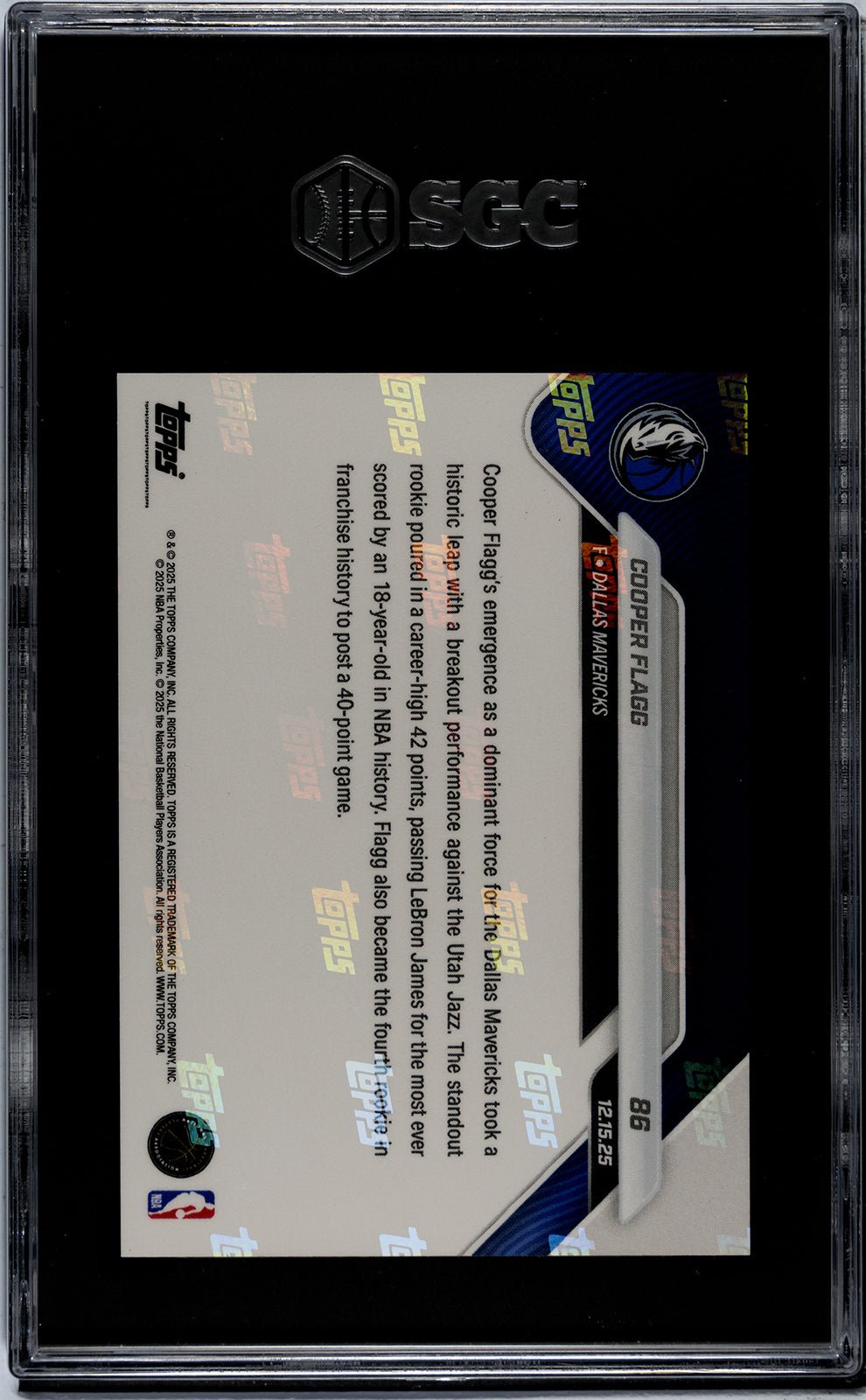 Graded 2025 Topps Now Cooper Flagg #86 Rookie RC Basketball Card SGC 10 Gem Mint