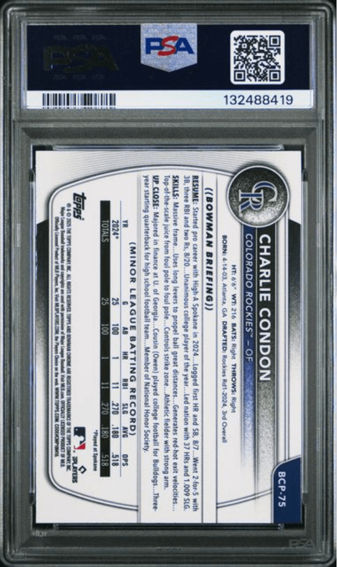 Graded 2025 Topps Bowman Charlie Condon #BCP75 Chrome Prospects Green Geometric /99 Rookie RC Baseball Card PSA 10 Gem Mint