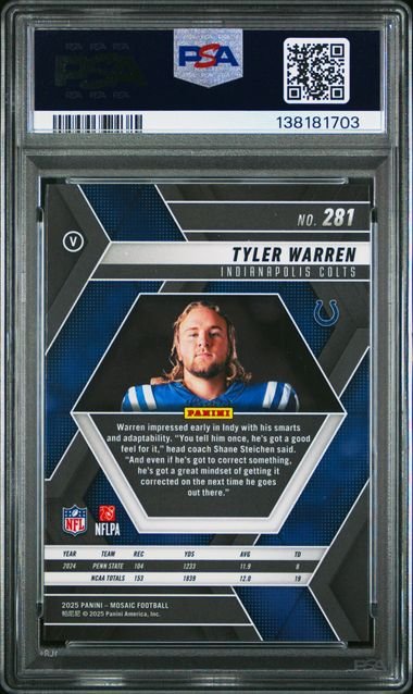 Graded 2025 Mosaic Tyler Warren #281 Variation Rookie RC Football Card PSA 10 Gem Mint