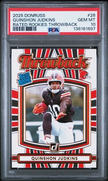 Graded 2025 Panini Donruss Quinshon Judkins #26 Rated Rookies Throwback Rookie RC Football Card PSA 10 Gem Mint