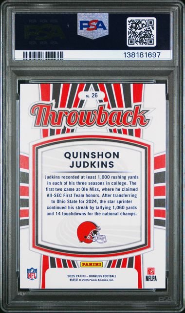 Graded 2025 Panini Donruss Quinshon Judkins #26 Rated Rookies Throwback Rookie RC Football Card PSA 10 Gem Mint