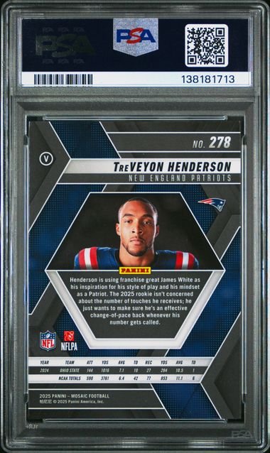 Graded 2025 Panini Mosaic TreVeyon Henderson #278 Rookie RC Football Card PSA 10 Gem Mint