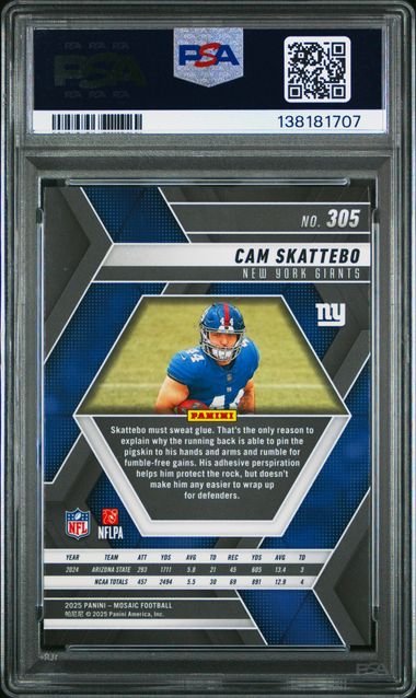 Graded 2025 Panini Mosaic Cam Skattebo #305 Rookie RC Football Card PSA 10 Gem Mint