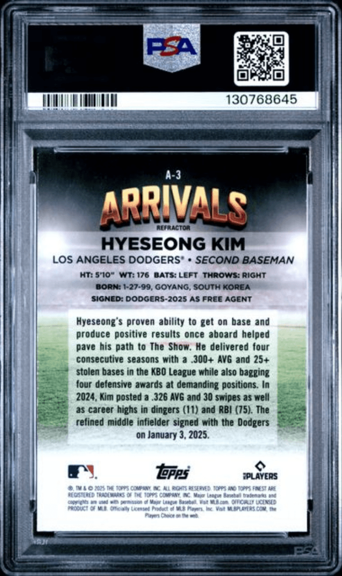 Graded 2025 Topps Finest Hyeseong Kim #A3 Arrivals Refractor Rookie RC Baseball Card PSA 10 Gem Mint