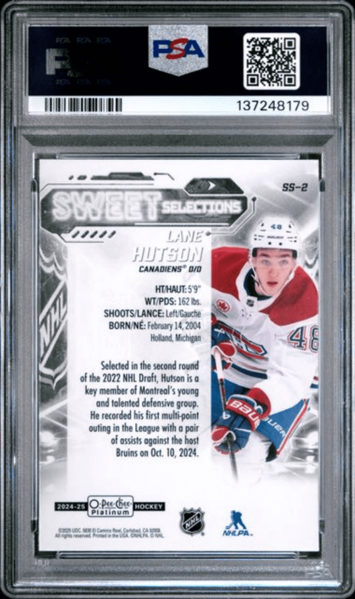 Graded 2024 O-Pee-Chee Platinum Lane Hutson #SS2 Sweet Selections Rookie RC Hockey Card PSA 10 Gem Mint