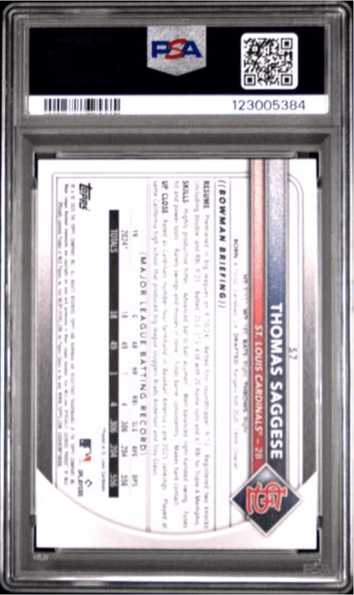 Graded 2025 Topps Bowman Thomas Saggese #57 Rookie RC Baseball Card PSA 10 Gem Mint